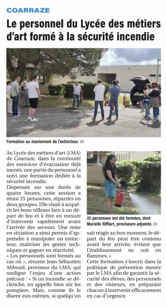 Le personnel du Lycée des métiers d'art formé à la sécurité incendie